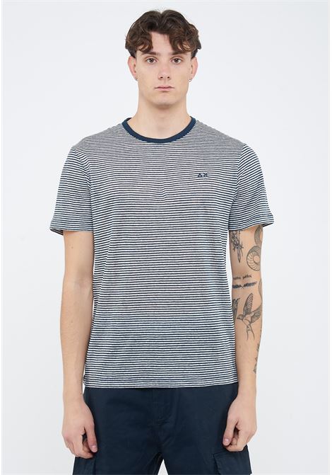 T-shirt in jersey di lino navy blue bianco panna Sun68 | T3613196
