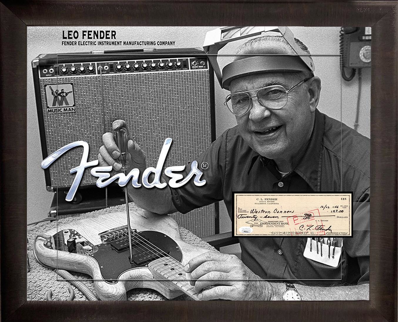 Charitybuzz Leo Fender Signed Authentic Check & Framed Display Lot