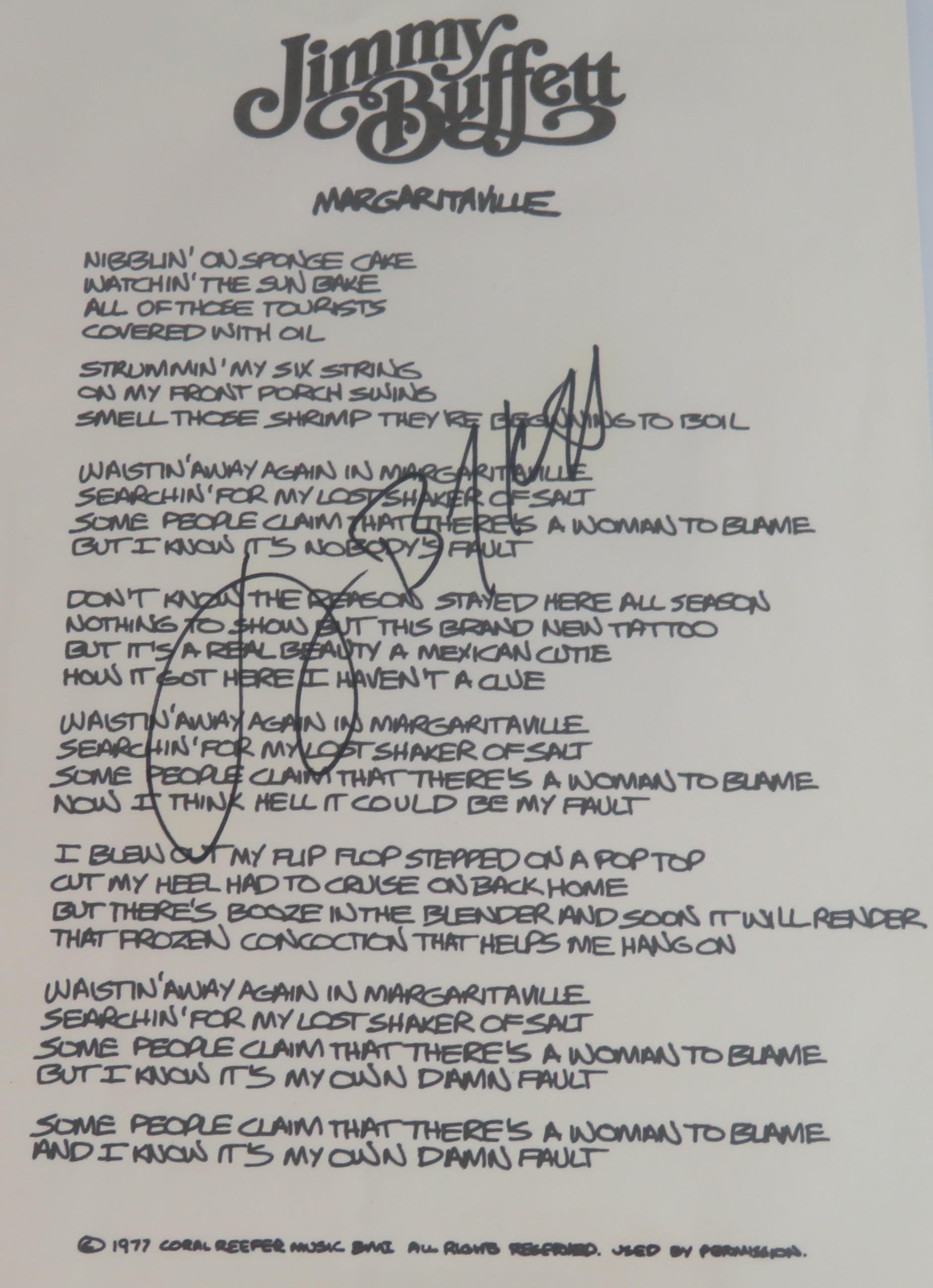 Charitybuzz Jimmy Buffett Signed Margaritaville Lyric Sheet Lot 2277303