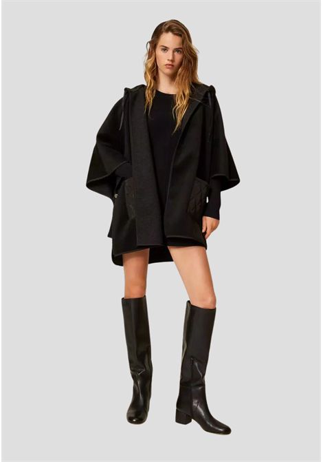 Poncho nero con cappuccio e dettagli trapuntati TWINSET | 252TA424000006