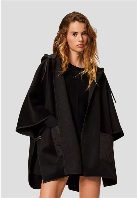 Poncho nero con cappuccio e dettagli trapuntati TWINSET | 252TA424000006