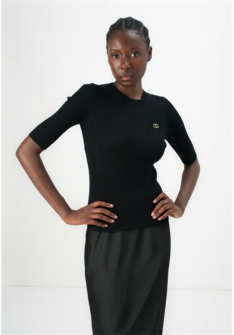 Twinset  Maglia nera in maglia a coste con maniche al gomito TWINSET | 252TP324000006