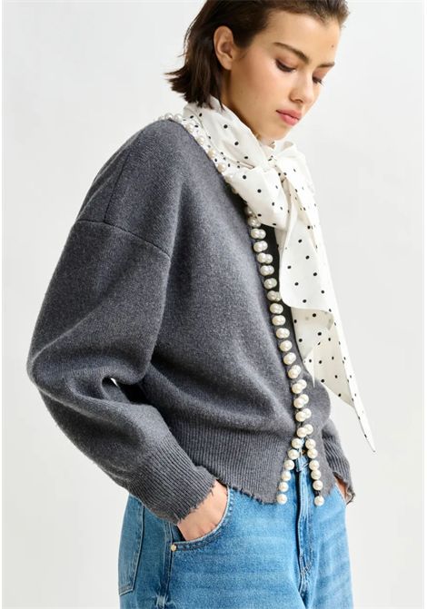 Essentiel Antwerp  Cardigan donna grigio con perle Essentiel antwerp | IDEAS KNIT CARDIGAN WITH BEADSSH35