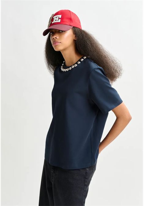 Essentiel Antwerp  T-shirt in cotone blu con perle metallizzate Essentiel antwerp | INTENSO SILVER BALLSNA32