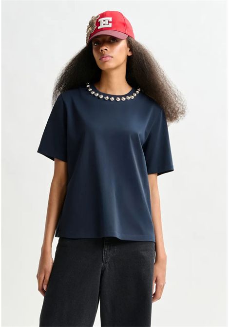 Essentiel Antwerp  T-shirt in cotone blu con perle metallizzate Essentiel antwerp | INTENSO SILVER BALLSNA32