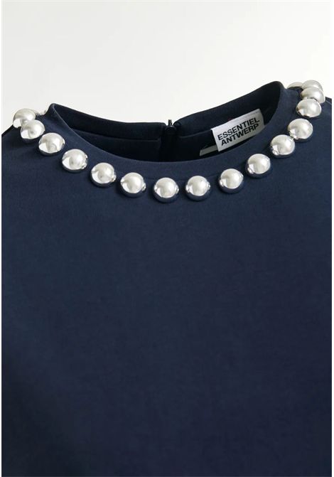 Essentiel Antwerp  T-shirt in cotone blu con perle metallizzate Essentiel antwerp | INTENSO SILVER BALLSNA32