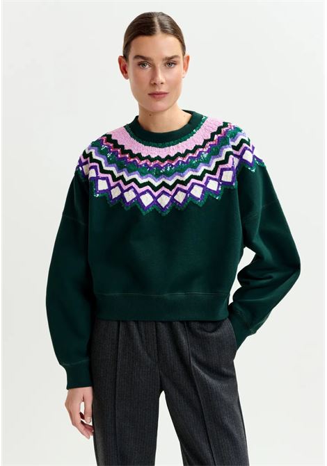 Essentiel Antwerp  Felpa in cotone verde con ricamo e paillettes Essentiel antwerp | ISSU EMBROIDERED SWEATSHIRTI1PC