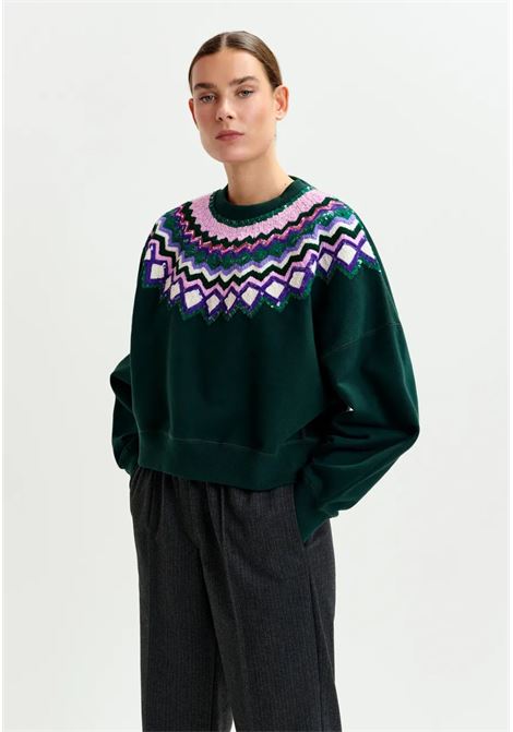 Essentiel Antwerp  Felpa in cotone verde con ricamo e paillettes Essentiel antwerp | ISSU EMBROIDERED SWEATSHIRTI1PC