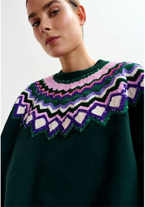 Essentiel Antwerp  Felpa in cotone verde con ricamo e paillettes Essentiel antwerp | ISSU EMBROIDERED SWEATSHIRTI1PC