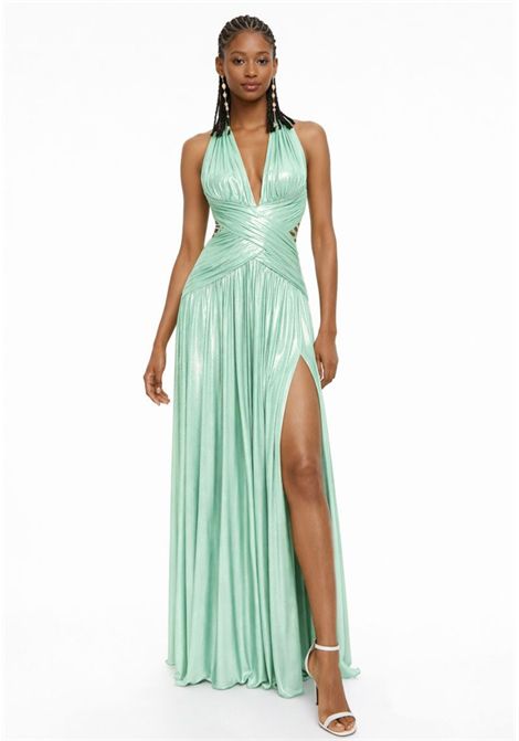 Abito lungo plissé metallizzato con scollo profondo BABYLON | UMF200UVERDE