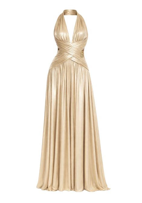 Abito lungo plissé metallizzato con scollo halter  Oro BABYLON | UMF218UORO