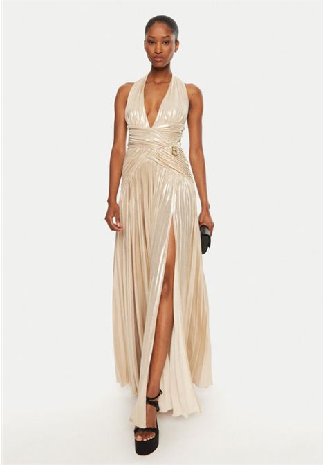 Abito lungo plissé metallizzato con scollo halter  Oro BABYLON | UMF218UORO