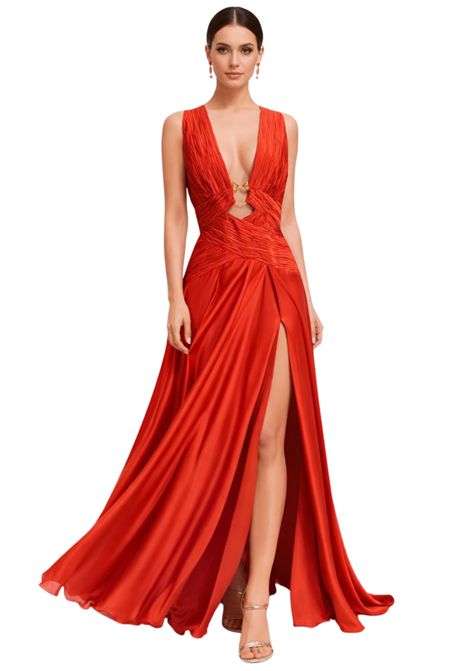 Babylon  Abito lungo drappeggiato con scollo profondo e dettaglio gioiello BABYLON | US0863BRUGGINE