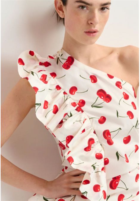 Top monospalla asimmetrico in cotone con volant  Bianco/Rosso/Verde Essentiel antwerp | HAVEN ASYMMETRIC RUFFLE TOPH30W