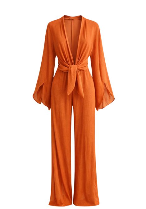 OTRO AMOR  Tuta lunga con scollo profondo e nodo in vita Otro amor | UN81ARANCIONE