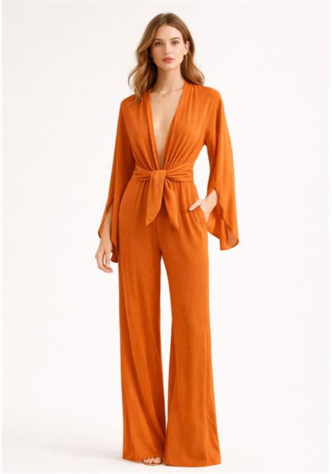OTRO AMOR  Tuta lunga con scollo profondo e nodo in vita Otro amor | UN81ARANCIONE