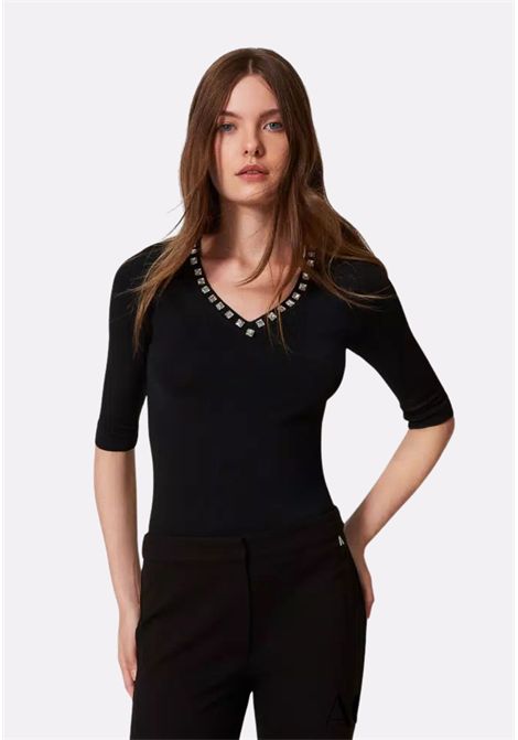 Maglia fitted con strass allo scollo - Actitude TWINSET | 251AP306500006