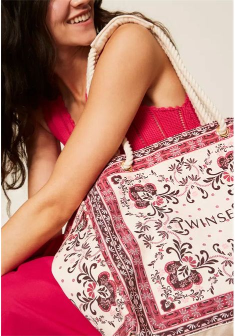 Borsa Shopper in Canvas con Stampa Foulard Fuchsia TWINSET | 261LB7BJJ13224