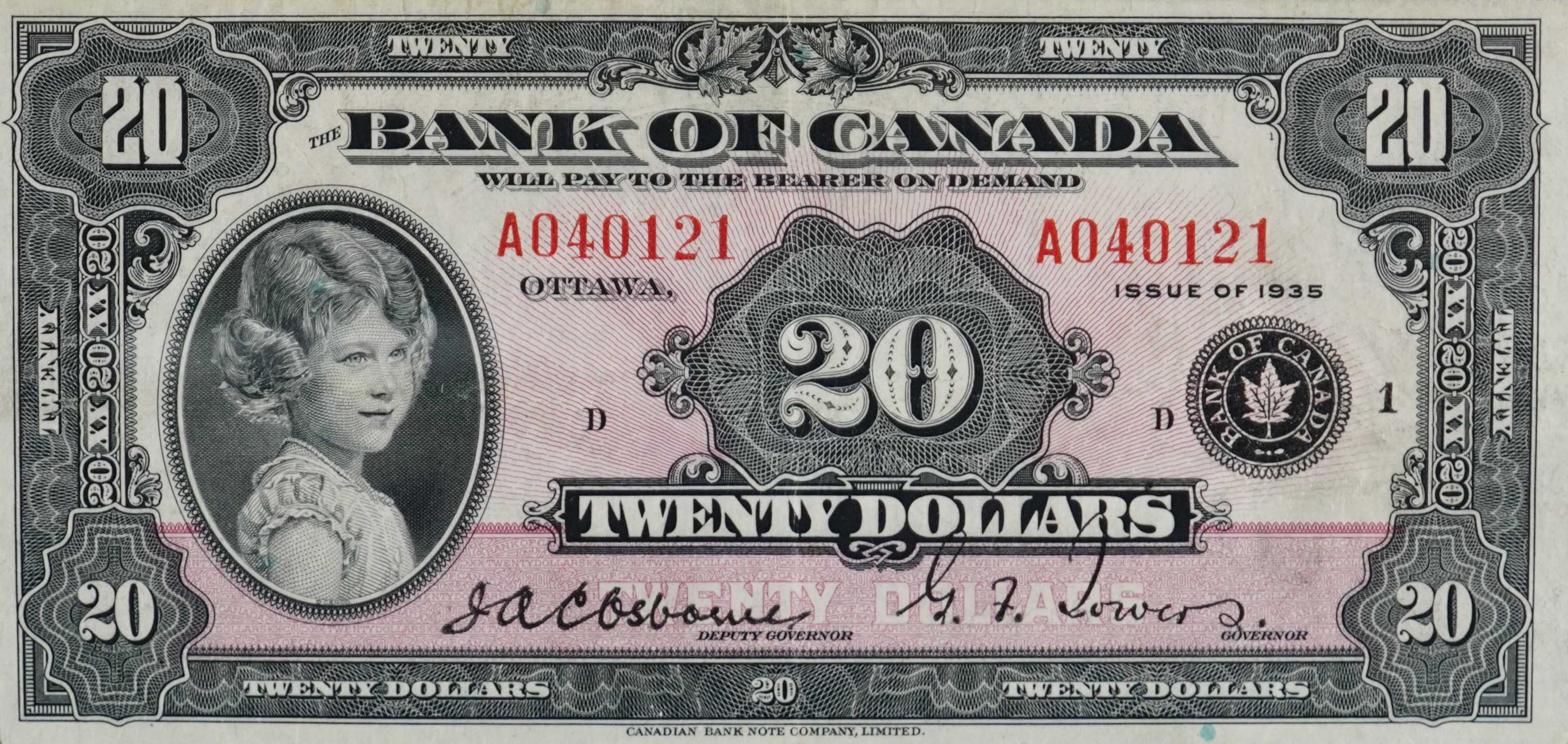 1935 - $20 - Princess Elizabeth - Figure of Toil front