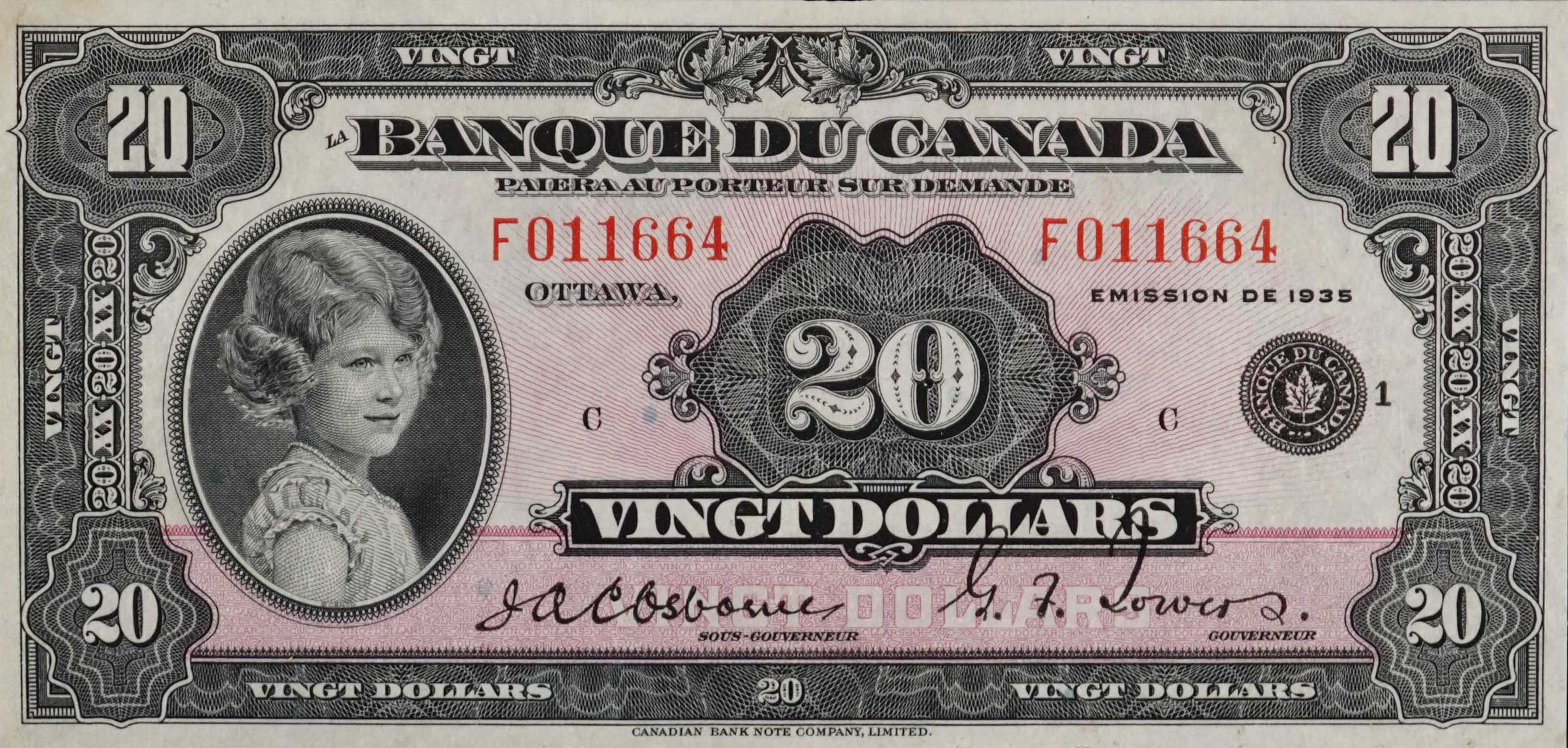 1935 -  Figure of Toil - $20 - Osborne / Towers - French - Small Seal front