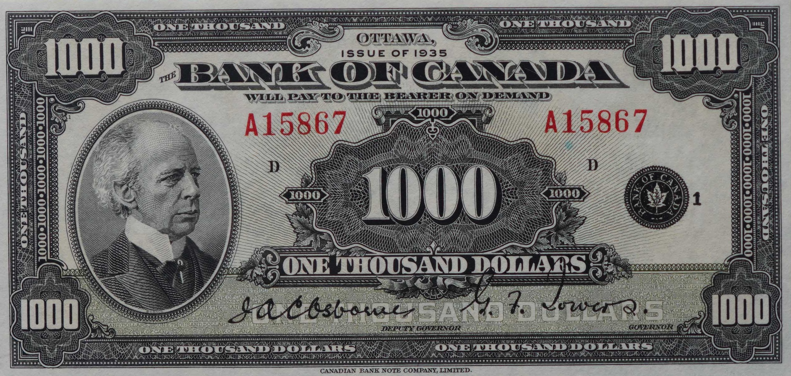 1935 - $1000 - Sir Wilfrid Laurier - Figure of Security front