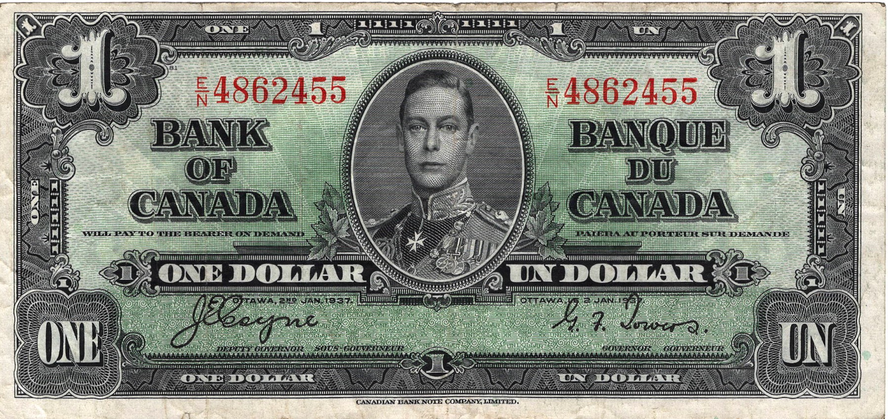 1937 - $1 - King George VI - Figure of Agriculture front