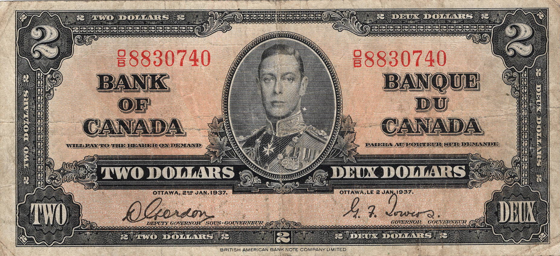 1937 - $2 - King George VI - Figure of Harvest front