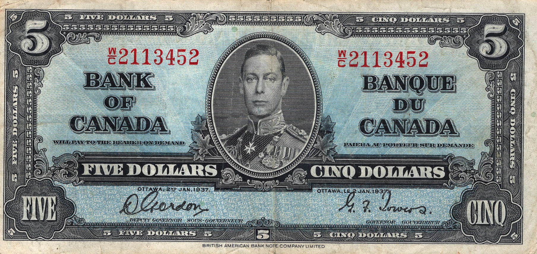 1937 - $5 - King George VI - Figure of Electric Power front