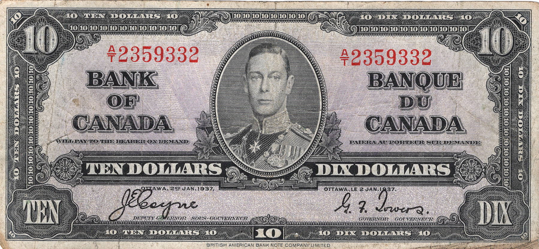 1937 - $10 - King George VI - Figure of Transportation front