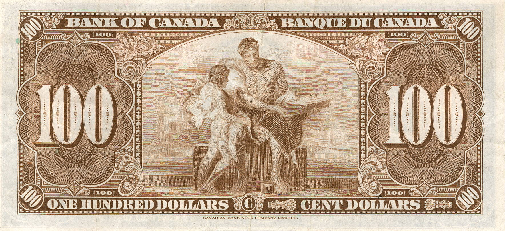 1937 - $100 - Sir John A Macdonald - Figure of Commerce and Industry back