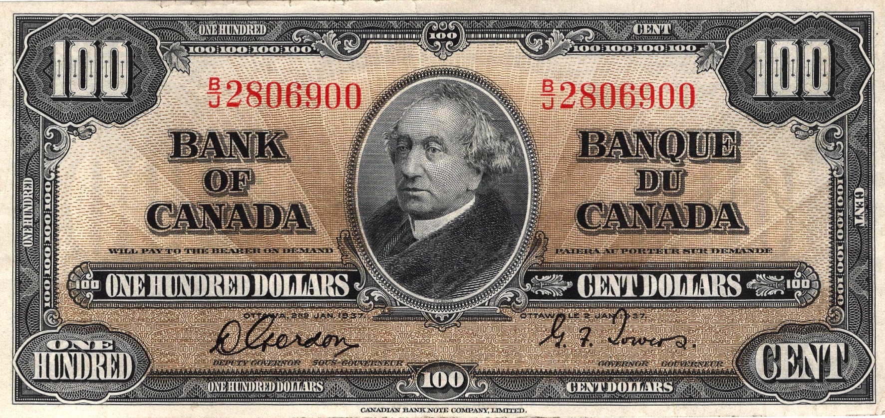 1937 - $100 - Sir John A Macdonald - Figure of Commerce and Industry front