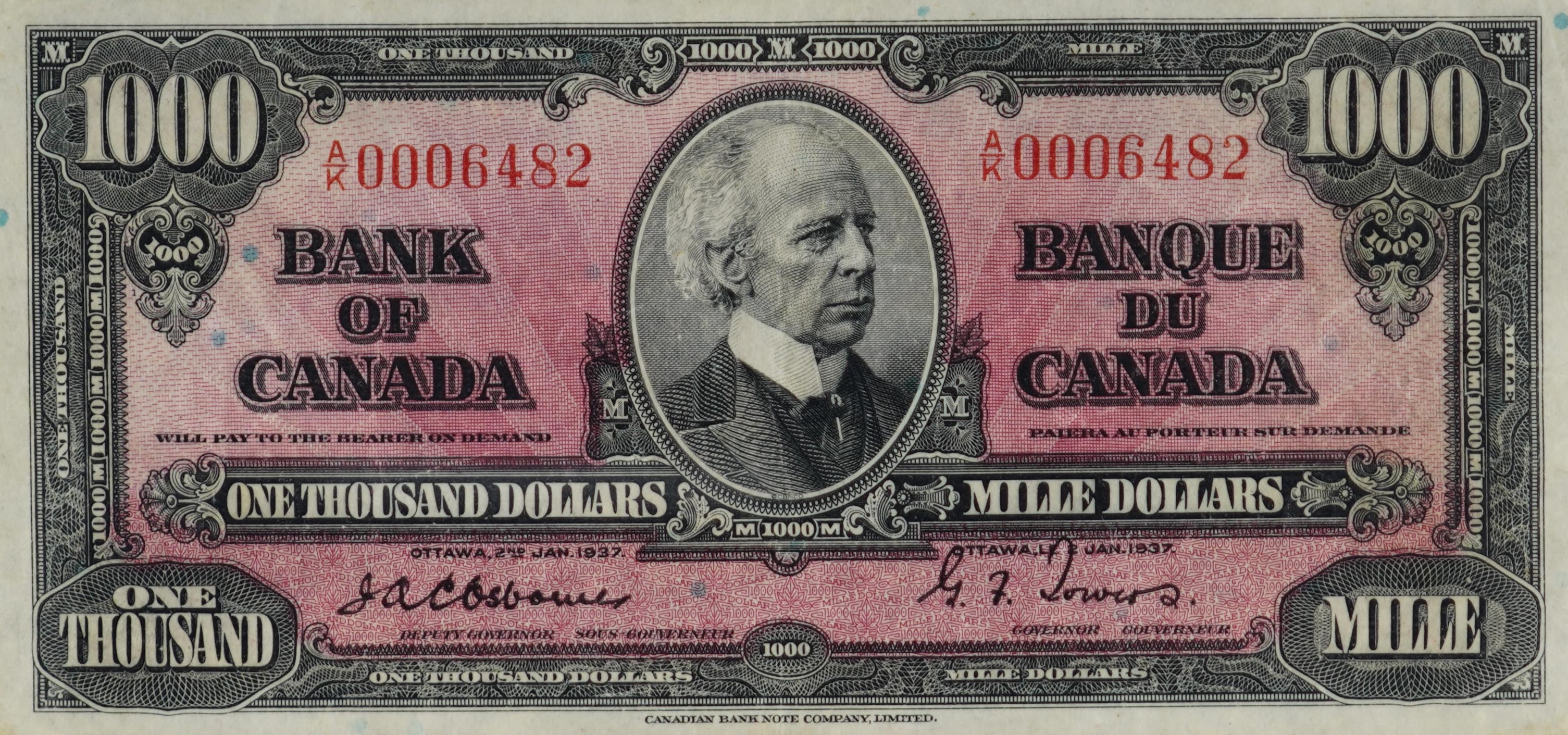1937 - $1000 - Sir Wilfrid Laurier - Figure of Security front