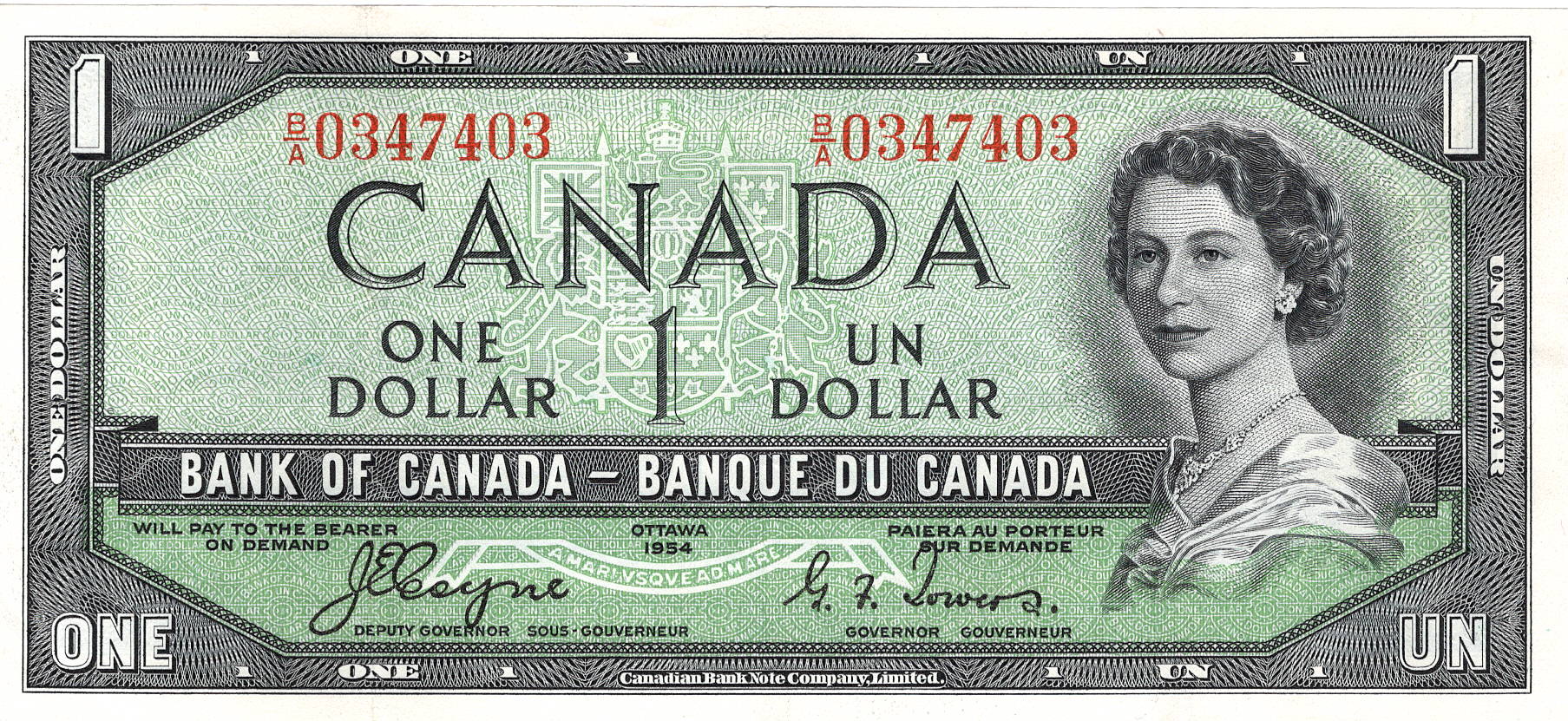 1954 - $1 - Queen Elizabeth II - Trans Canada Highway - Devil's Face front