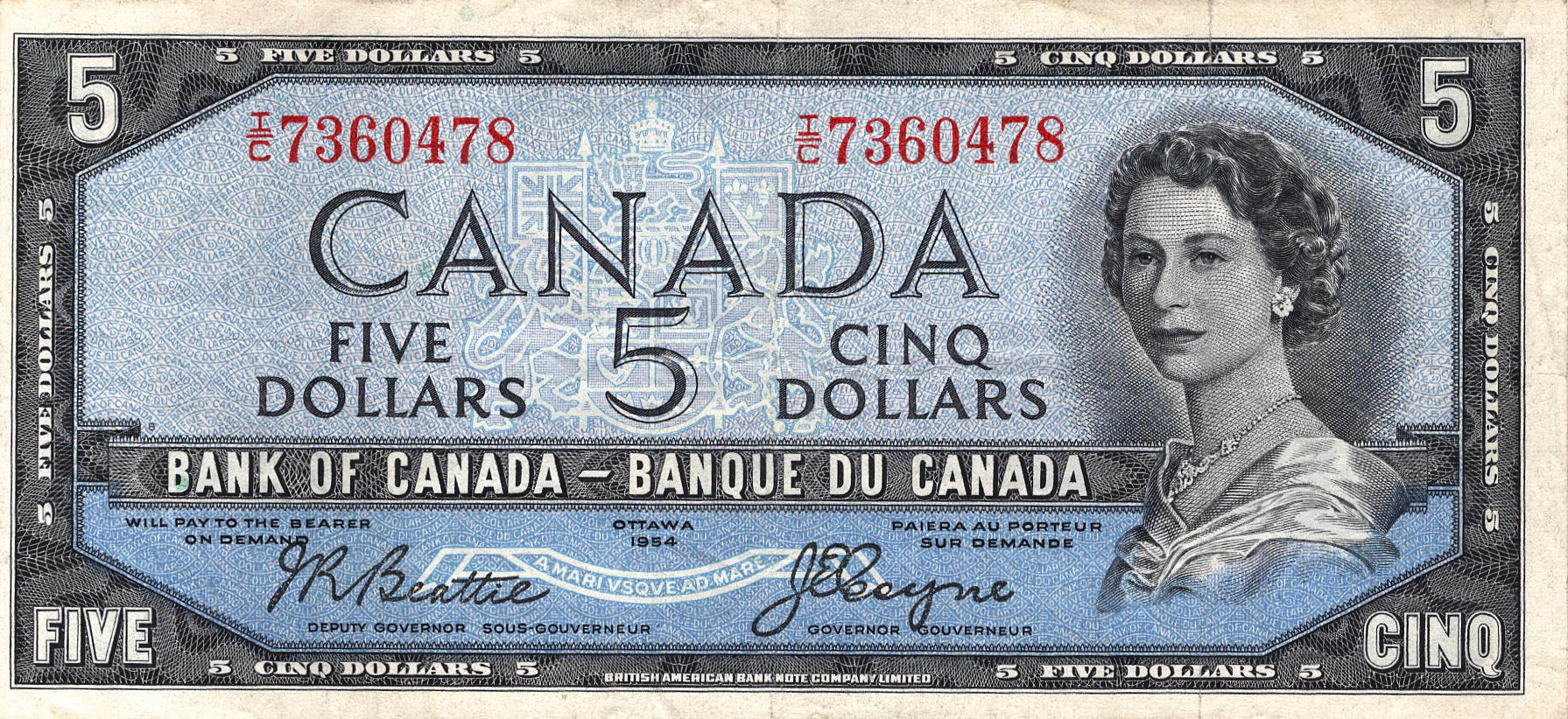 1954 - $5 - Queen Elizabeth II - Otter Falls - Devil's Face front