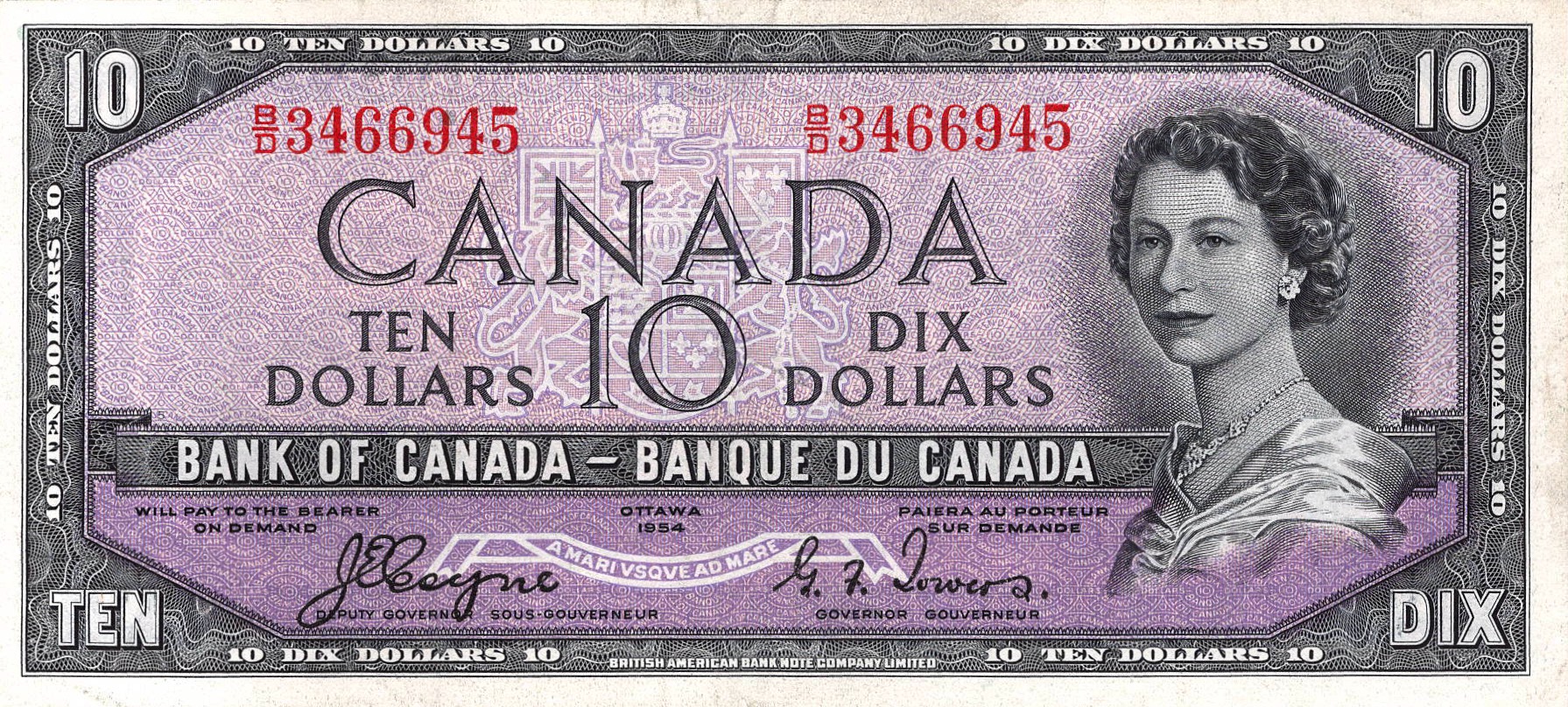 1954 - $10 - Queen Elizabeth II - Mount Burgess - Devil's Face front