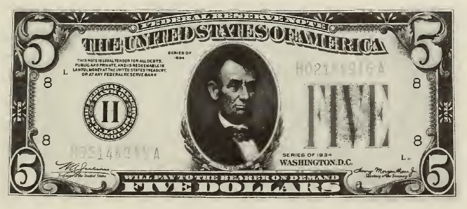 1934 - $5 - Lincoln - Design 2 front
