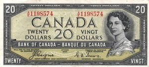 1954 - $20 - Queen Elizabeth II - Laurentian Hills - Devil's Face front