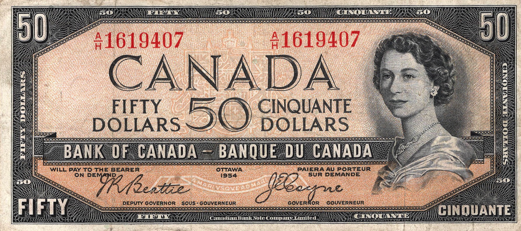 1954 - $50 - Queen Elizabeth II - Lockport - Devil's Face front