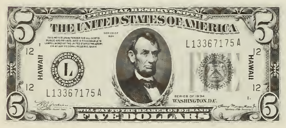 1934 - $5 - Lincoln - Hawaii Overprint front