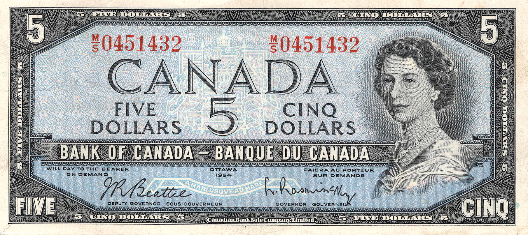 1954 - $5 - Queen Elizabeth II - Otter Falls - Modified Hair front
