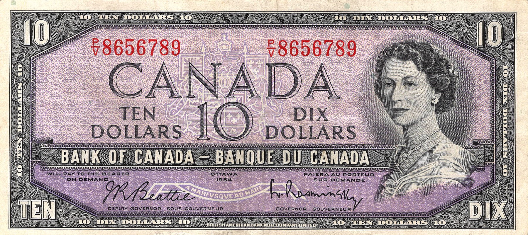 1954 - $10 - Queen Elizabeth II - Mount Burgess - Modified Hair front