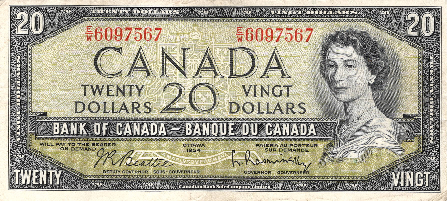 1954 - $20 - Queen Elizabeth II - Laurentian Hills - Modified Hair front