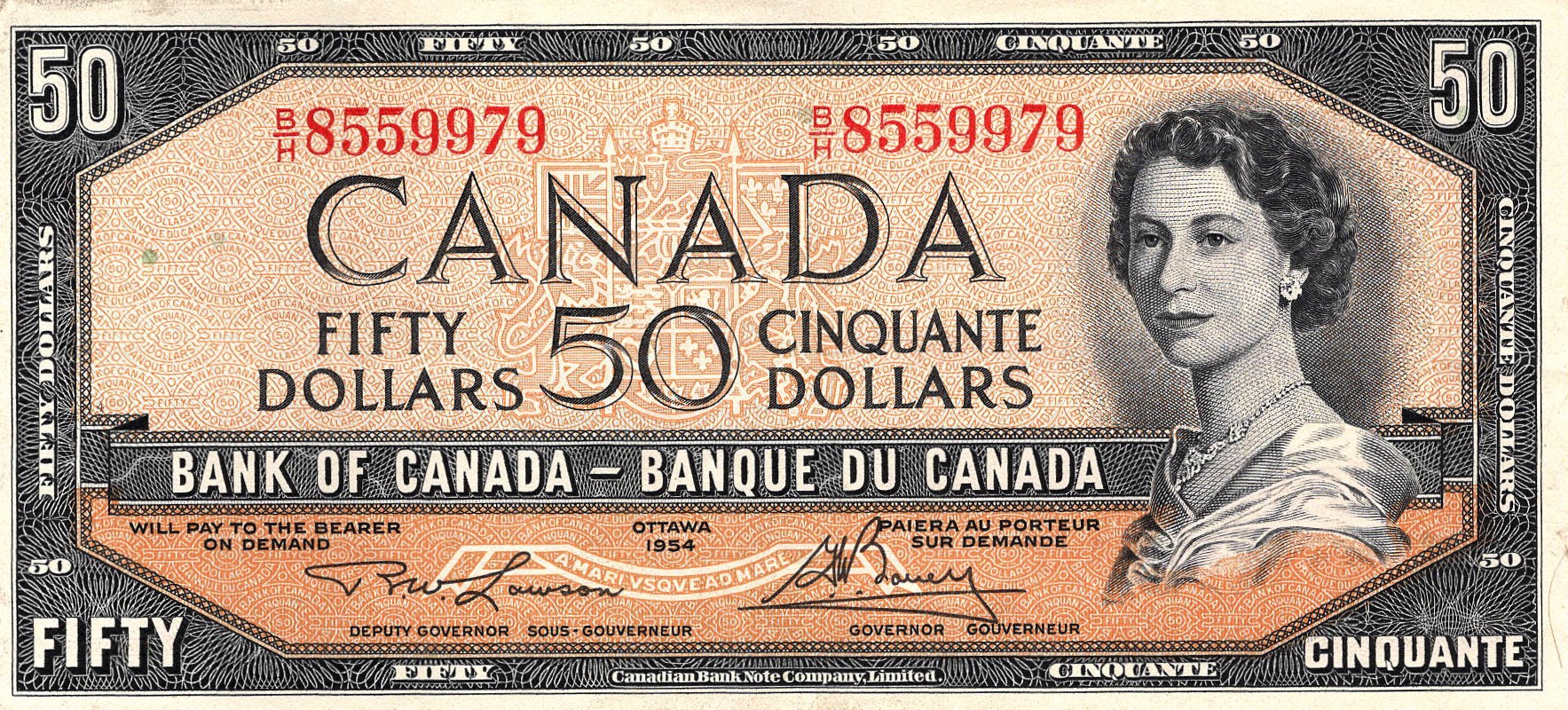 1954 - $50 - Queen Elizabeth II - Lockport - Modified Hair front