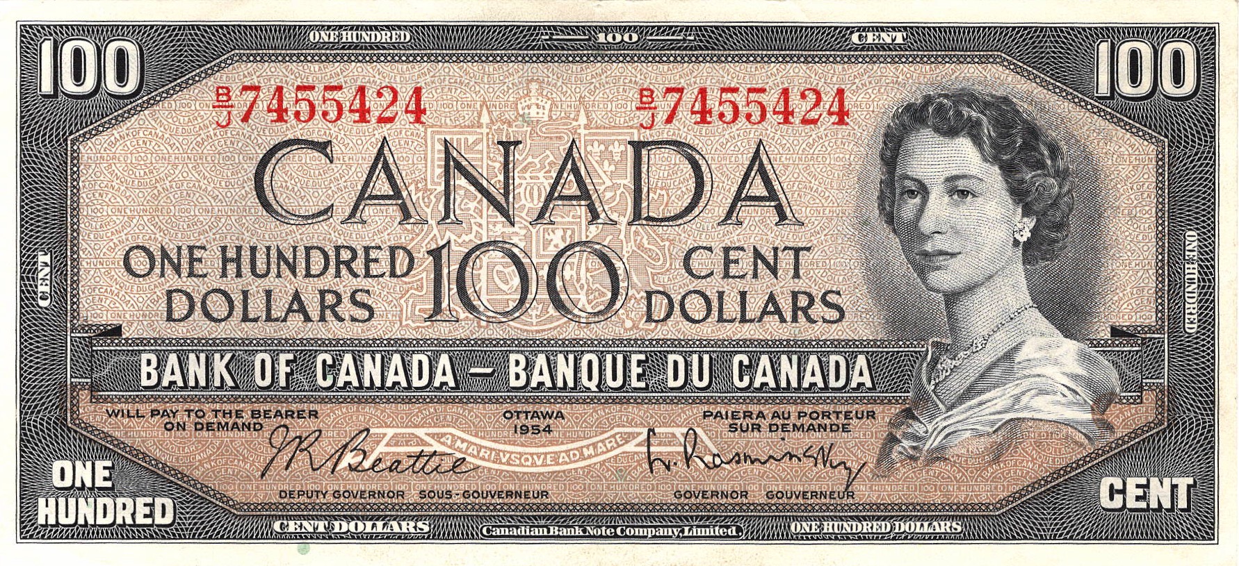 1954 - $100 - Queen Elizabeth II - Mountainous Valley - Modified Hair front