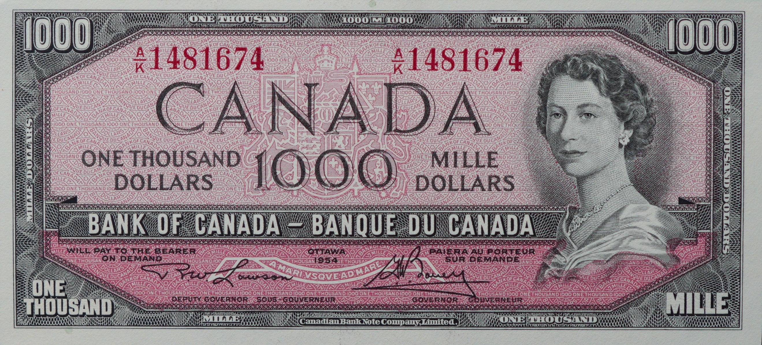 1954 - $1000 - Queen Elizabeth II - Anse St. Jean - Modified Hair front