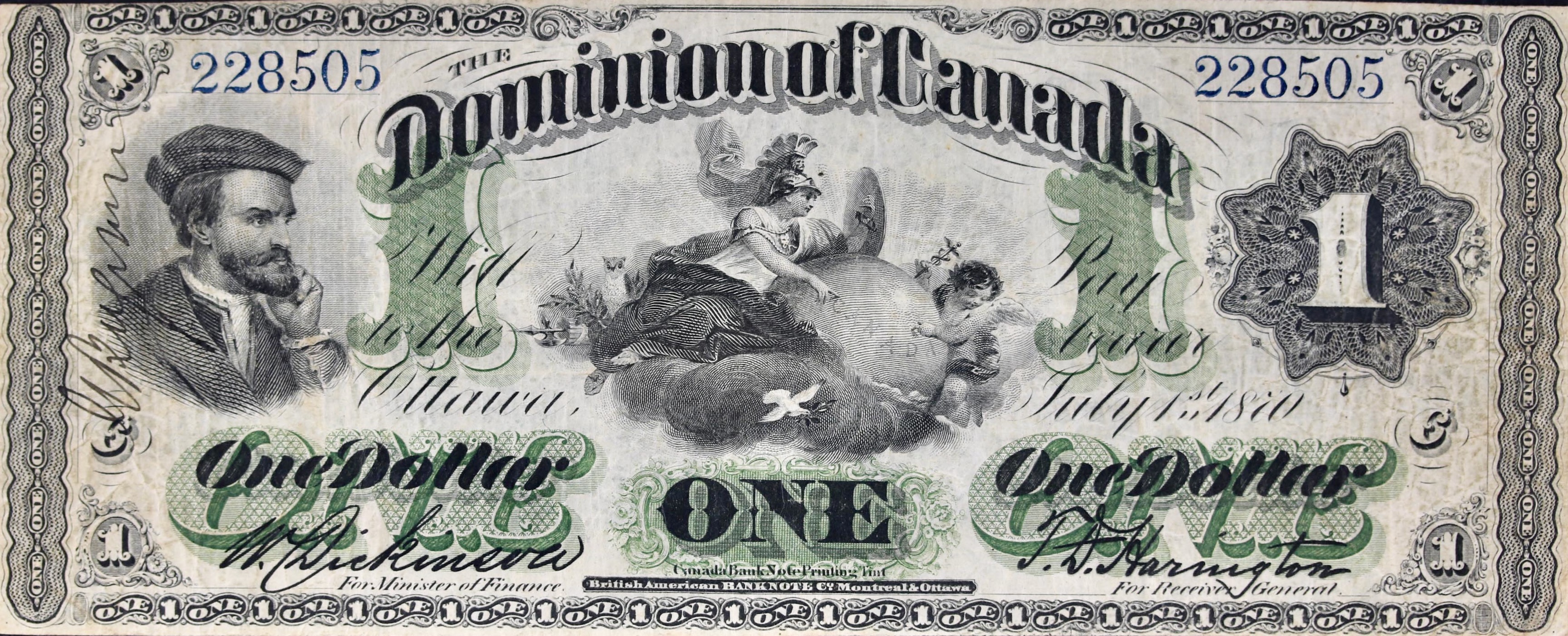 1870 - $1 - W Dickenson / TD Harington - Jacques Cartier front