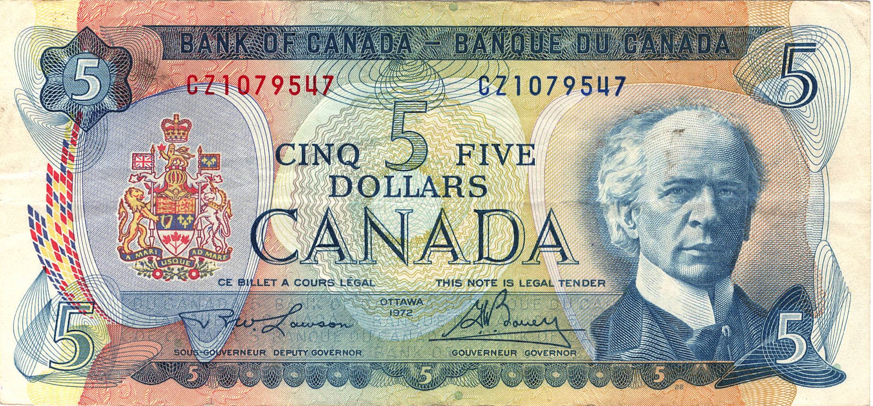 1972 - $5 - Sir Wilfrid Laurier - Fishing Boat front