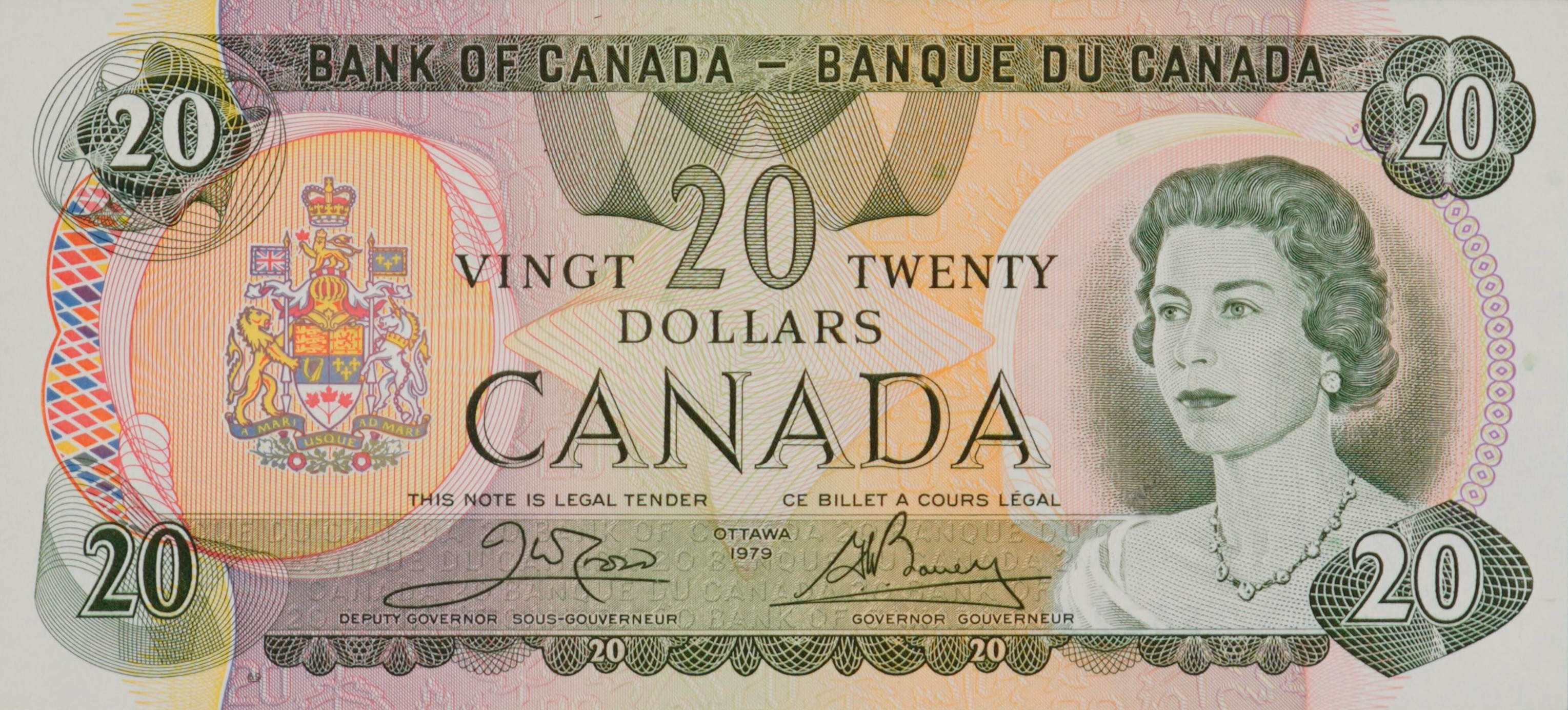 1979 - $20 - Queen Elizabeth II - Moraine Lake - Machine Readable front