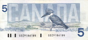 1986 - $5 - Sir Wilfrid Laurier - Belted Kingfisher back