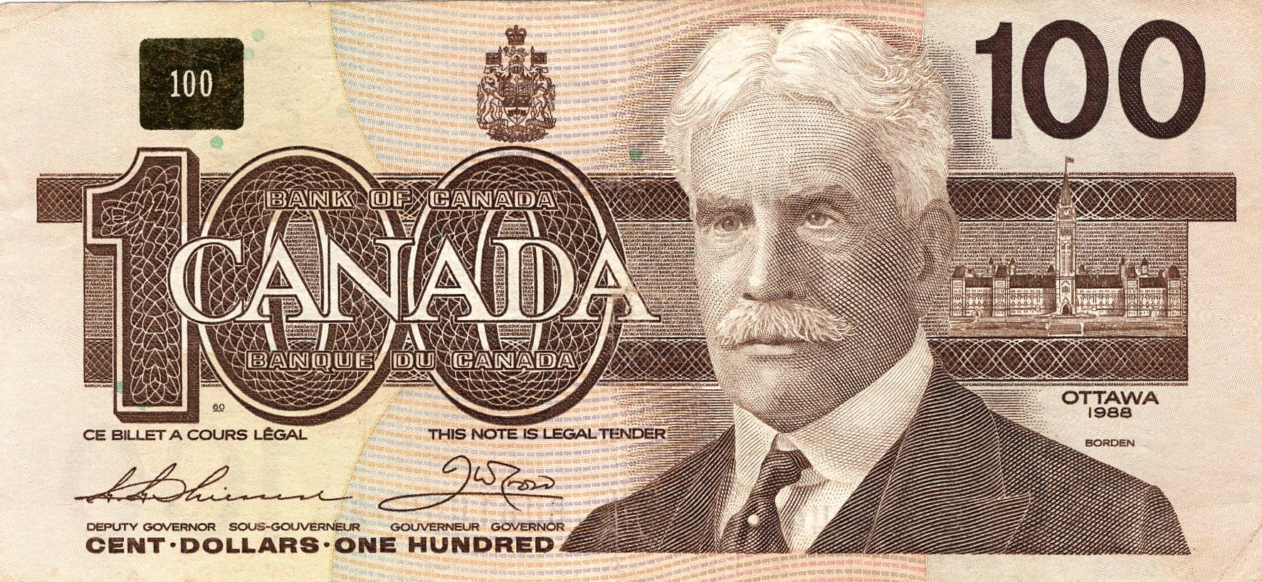 1990 - $100 - Sir Robert Borden - Canada Goose front